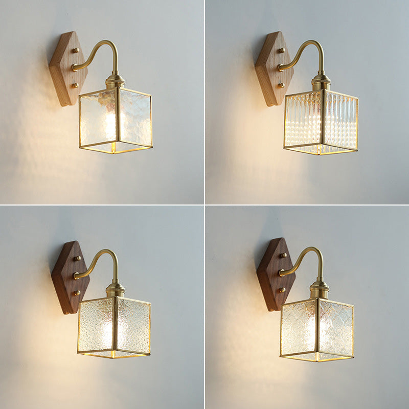 Applique Murale Traditionnelle Vintage Carrée en Verre de Cuivre et Bois à 1 Lumière pour Chambre 