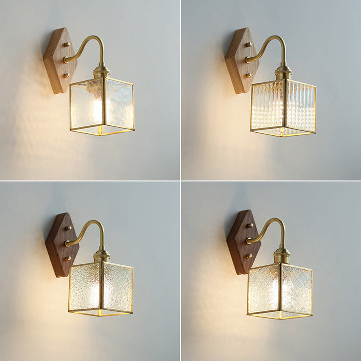 Applique Murale Traditionnelle Vintage Carrée en Verre de Cuivre et Bois à 1 Lumière pour Chambre 