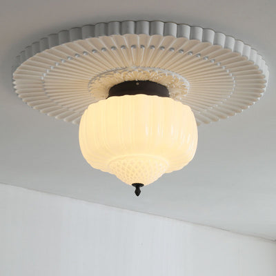 Modern Art Deco Iron Pumpkin Glass Shade 3-Light Flush Mount Ceiling Light For Living Room