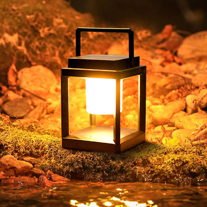 Moderne minimalistische tragbare quadratische Solar-Camping-Leuchte im Käfigdesign mit LED für den Außenbereich