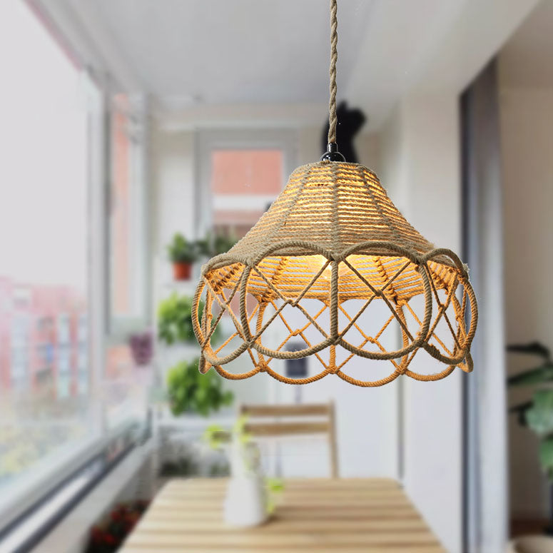 Japanese Retro Hemp Rope Weaving Flower Basket Iron 1-Light Pendant Light