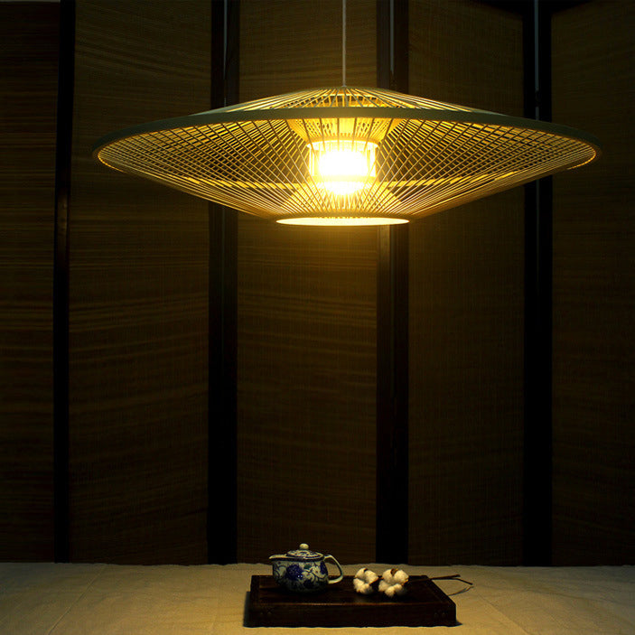 Traditional Vintage Woven Tatami Round Rattan Bamboo 1-Light Pendant Light For Living Room