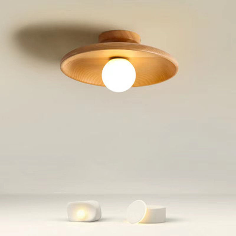 Modern Simplicity Rubberwood Glass Round 1-Light Semi-Flush Mount Ceiling Light For Hallway