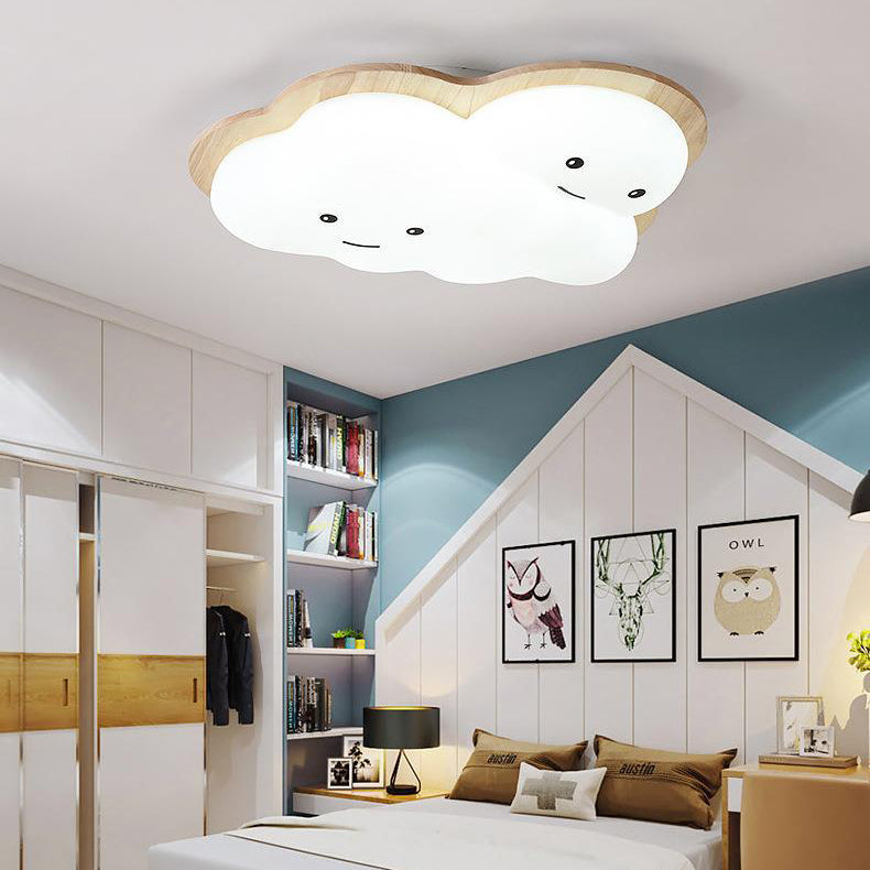 Modern Art Deco Airplane Clouds Moon Acrylic Wood LED Flush Mount Ceiling Light For Living Room