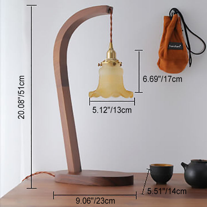 Japanese Minimalist Walnut Floral Glass Shade1-Light Table Lamp