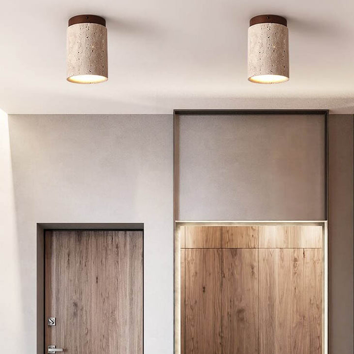Traditional Rustic Travertine Column 1-Light Semi-Flush Mount Ceiling Light For Hallway