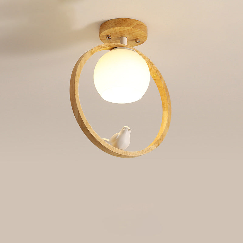 Traditionelle japanische Holzkreisring-Deckenleuchte mit Glaskugelschirm und Vogelmotiv, 1-flammig, halbbündige Montage, für Wohnzimmer 
