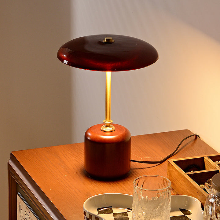 Lámpara de Mesa LED Cilíndrica Redonda de Latón Retro Contemporáneo con Madera y Vidrio para la Mesita de Noche 