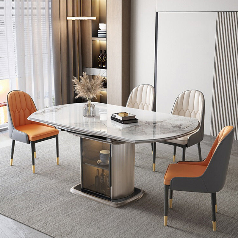 Contemporary Nordic Elliptical Rock Slab Oak Wood Glass Dining Table &amp; Chair Set For 4 Seats