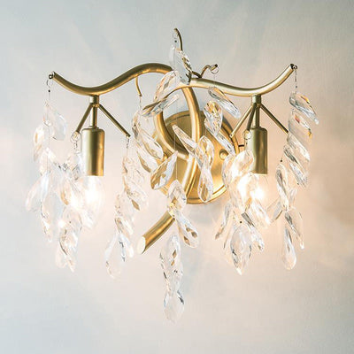 Traditionelle französische Blatt Eisen Kupfer Kristall 2-Licht Wandleuchte Lampe für Wohnzimmer 