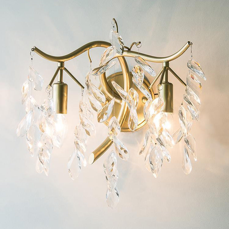 Traditionelle französische Blatt Eisen Kupfer Kristall 2-Licht Wandleuchte Lampe für Wohnzimmer 