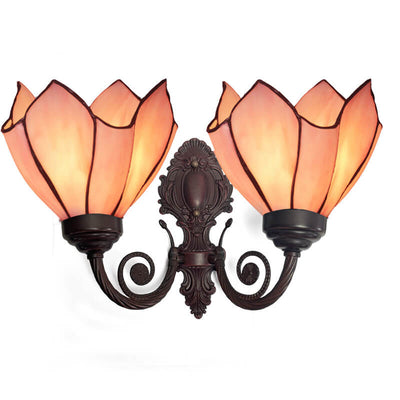 Tiffany Pastoral Stained Glass Double Head Lotus 2-Light Wall Sconce Lamp