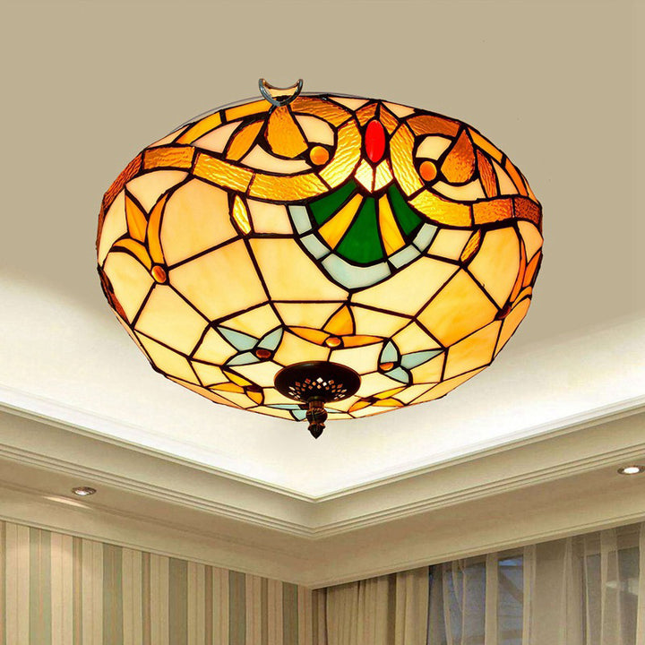 Plafonnier à trois lumières en verre teinté à rayures florales demi-orbe traditionnel Tiffany pour salon 
