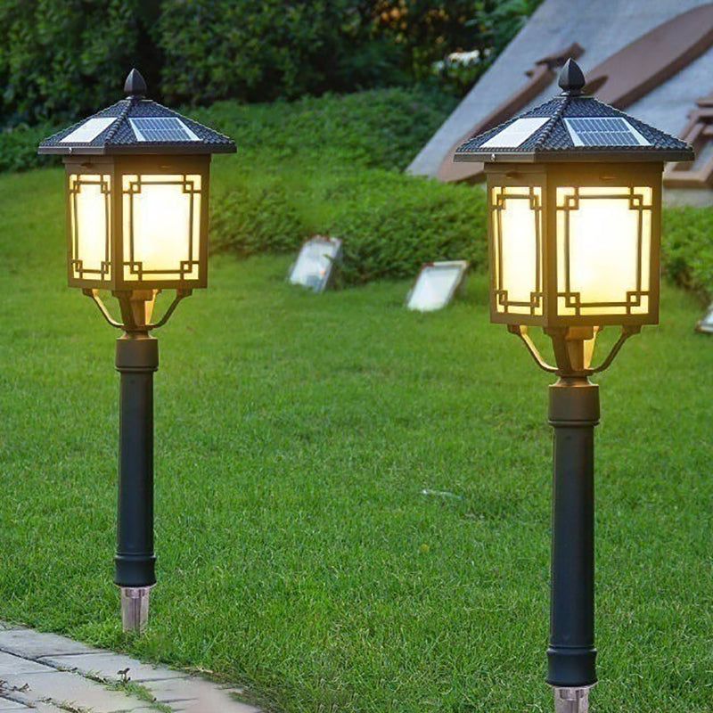 الإضاءة الخارجية التقليدية الصينية الشمسية المقاومة للماء من الألومنيوم والحديد والزجاج LED لأعمدة المناظر الطبيعية للحدائق 