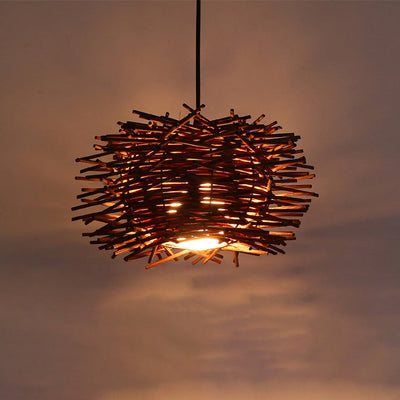 Lámpara colgante de 1 luz con diseño de nido de pájaro tejido en ratán japonés tradicional para sala de estar 