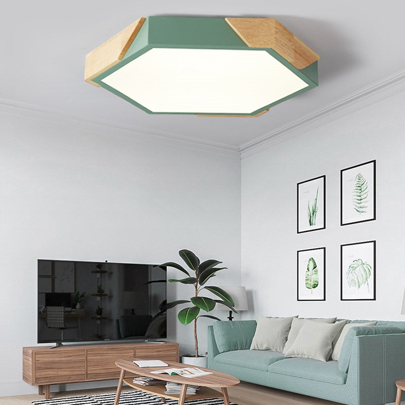 Contemporary Scandinavian Hexagonal Iron Wood Macaron LED Flush Mount Ceiling Light For Bedroom