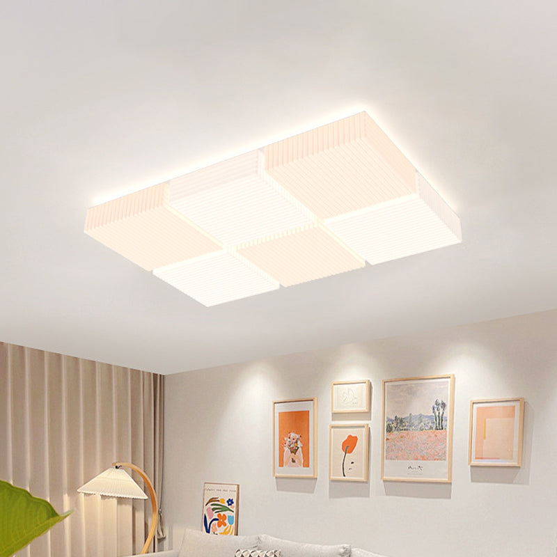 モダンシンプリシティ リブ付き PE キューブシェード LED フラッシュマウント天井灯 リビングルーム用 