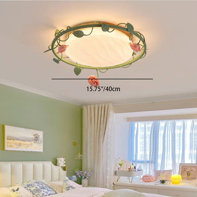 Contemporary Creative Round Square Rose Leaf Iron Rubberwood Acrylic LED Flush Mount Ceiling Light For Bedroom