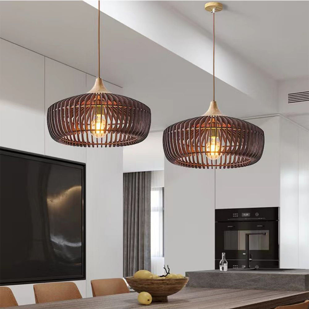 Lámpara colgante de 1 luz de jaula de madera maciza vintage japonesa 