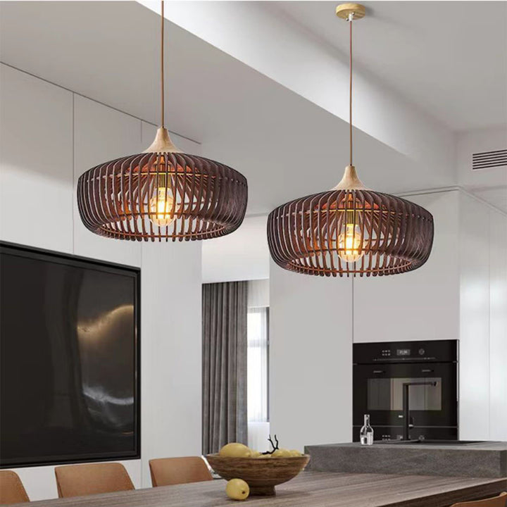 Lámpara colgante de 1 luz de jaula de madera maciza vintage japonesa 