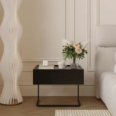 Table de chevet moderne minimaliste rectangulaire en bois massif et fer avec 1 tiroir pour chambre 
