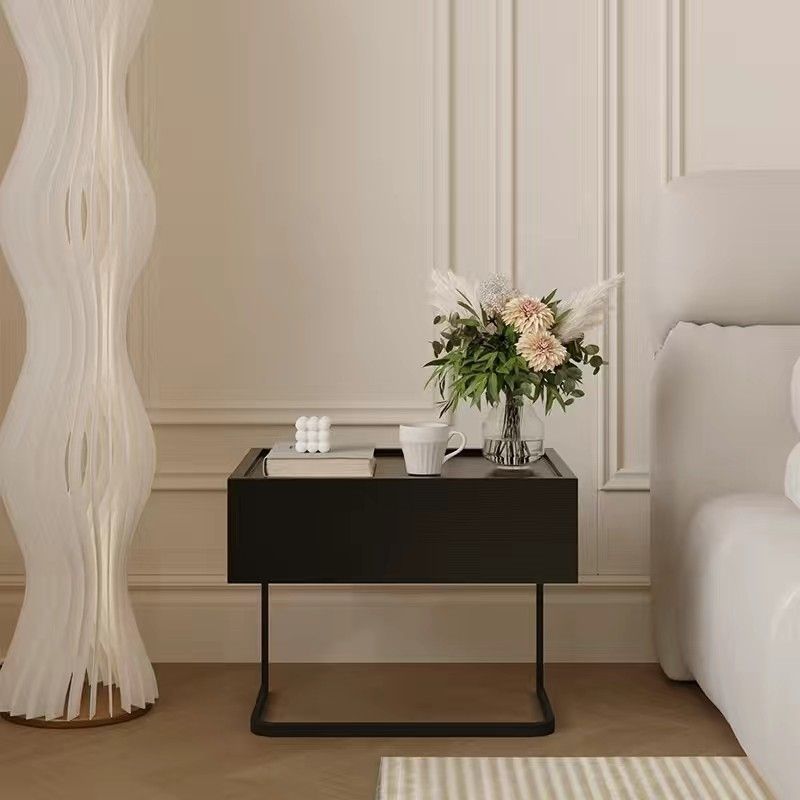 Table de chevet moderne minimaliste rectangulaire en bois massif et fer avec 1 tiroir pour chambre 