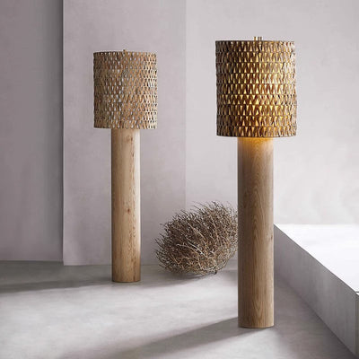 Modern Simple Wood Rattan Woven Long Body Cylinder 1-Light Standing Floor Lamp