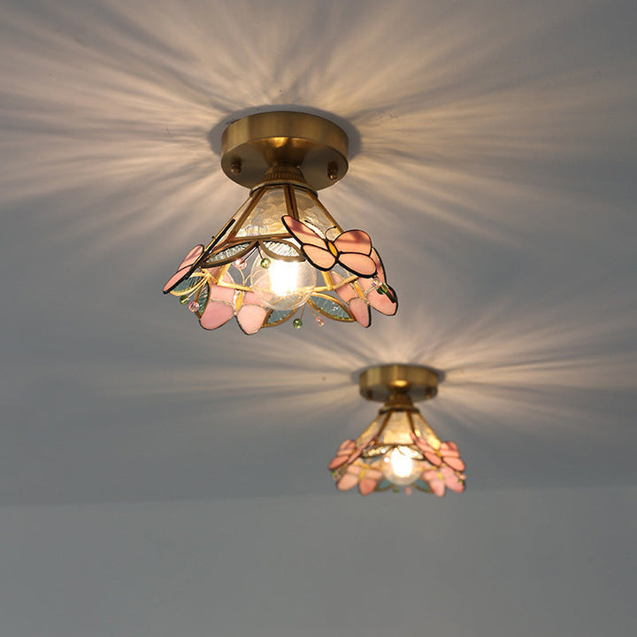 Plafonnier semi-encastré 1 lumière en laiton avec abat-jour en verre en forme de papillon vintage traditionnel pour salon 
