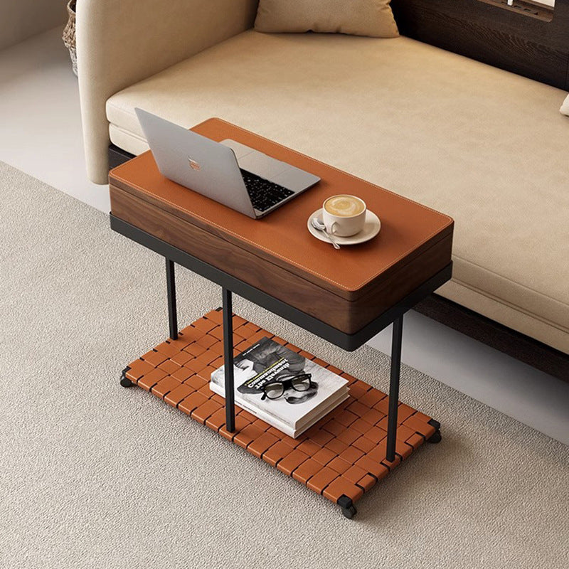 Moderner minimalistischer abnehmbarer rechteckiger Eisensattel Leder Massivholz Beistelltisch mit 1 Ablage für das Wohnzimmer 