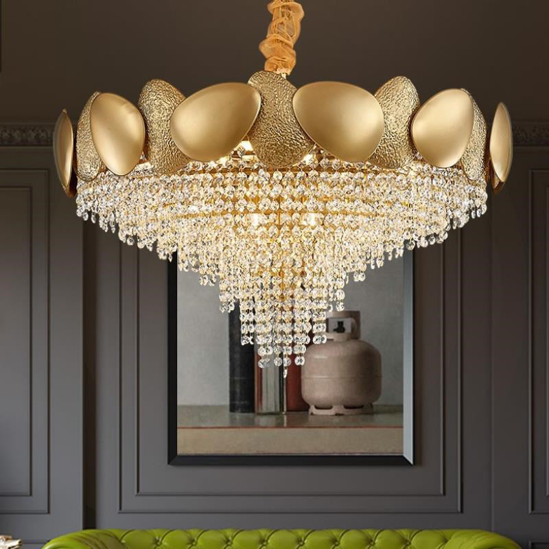 Moderner Luxus-Kronleuchter aus Edelstahl mit Titanrahmen und Kristallperlen, 11/15 Lichter, für Wohnzimmer 