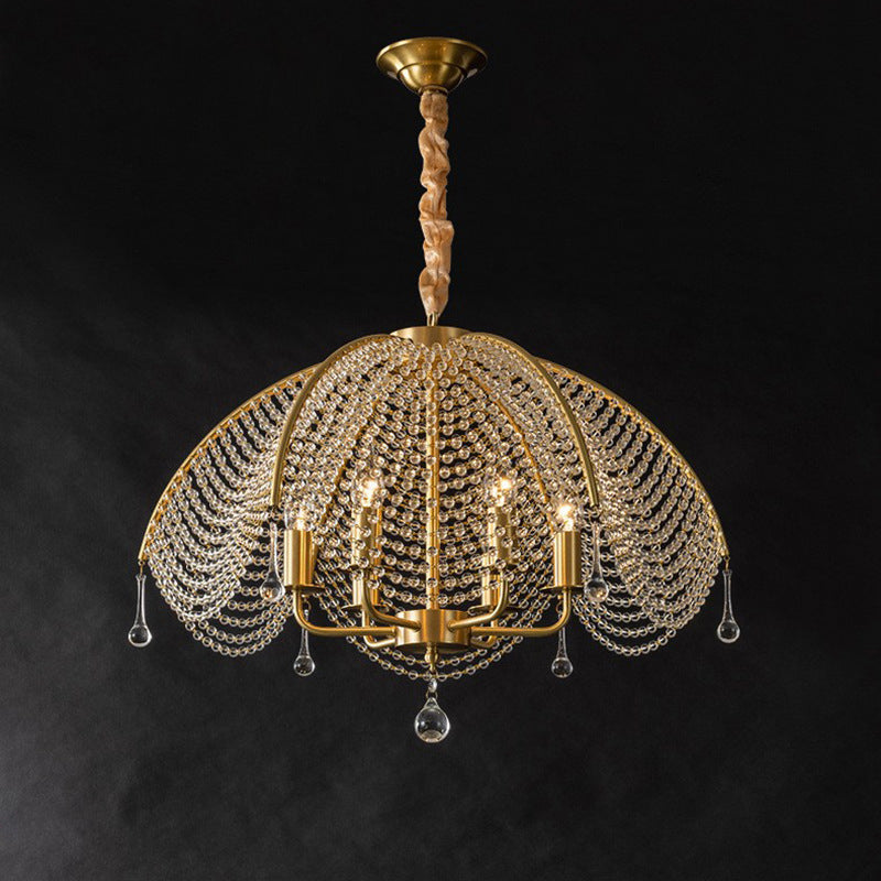 Lustre contemporain de luxe avec cadre doré et perles en cristal à 6 lumières pour salon 