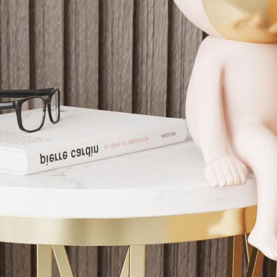 Mesa de Centro Moderna de Lujo Redonda con Tapa de Hierro y Estante de Roca para Sala de Estar 