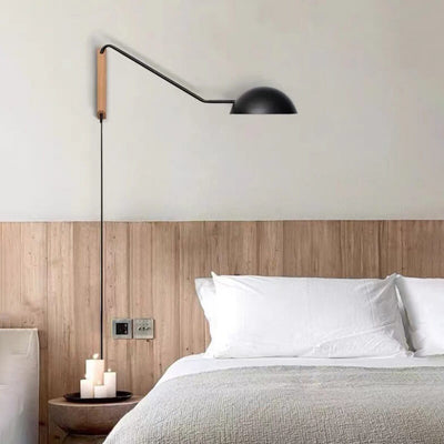 Modern Minimalist Wrought Iron Semicircle Wood 1-Light Wall Sconce Lamp