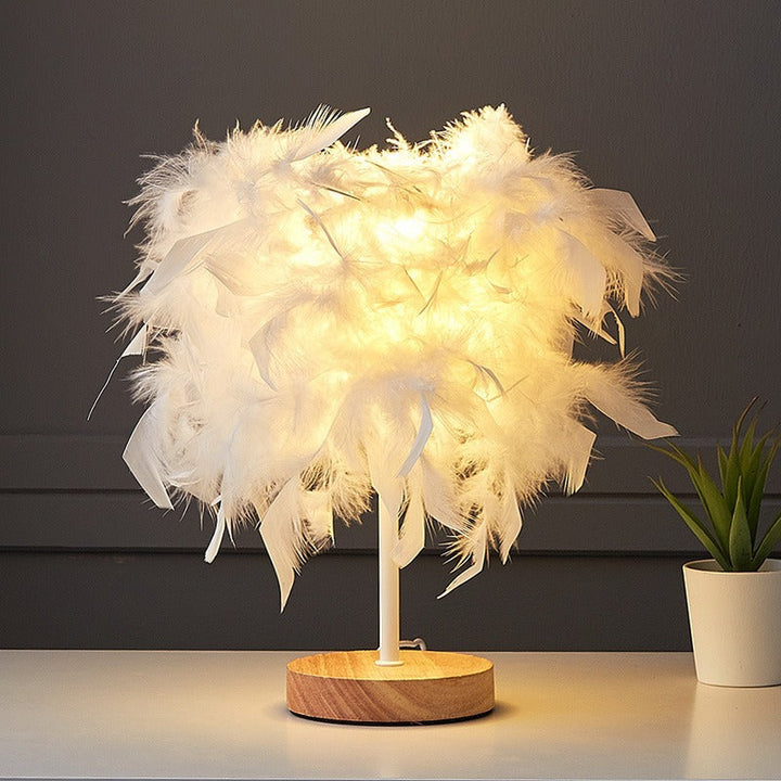 Lampe de table LED rechargeable USB avec base en bois et tissage de plumes Art Déco moderne pour chambre 