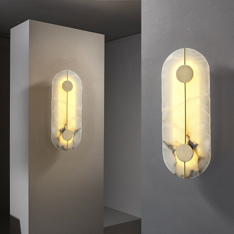 Traditional Chinese Copper Marble Round Elliptical LED Wall Sconce Lamp For Hallway