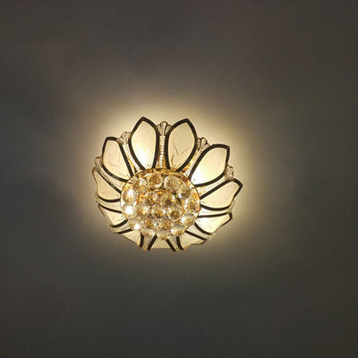 Lustre Moderne de Luxe Doré Glamour avec Base en Verre Dépoli Lotus et Perles de Cristal 4/6 Lumières Plafonnier pour Salon 