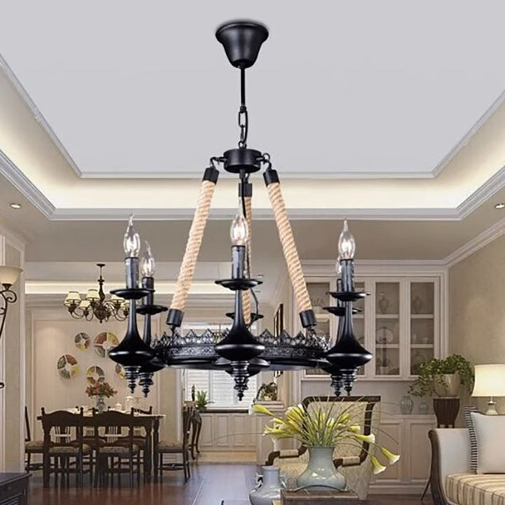 Chandelier Traditionnel Vintage Rond en Fer avec Corde de Chanvre 3/6/8 Lumières pour Salon 