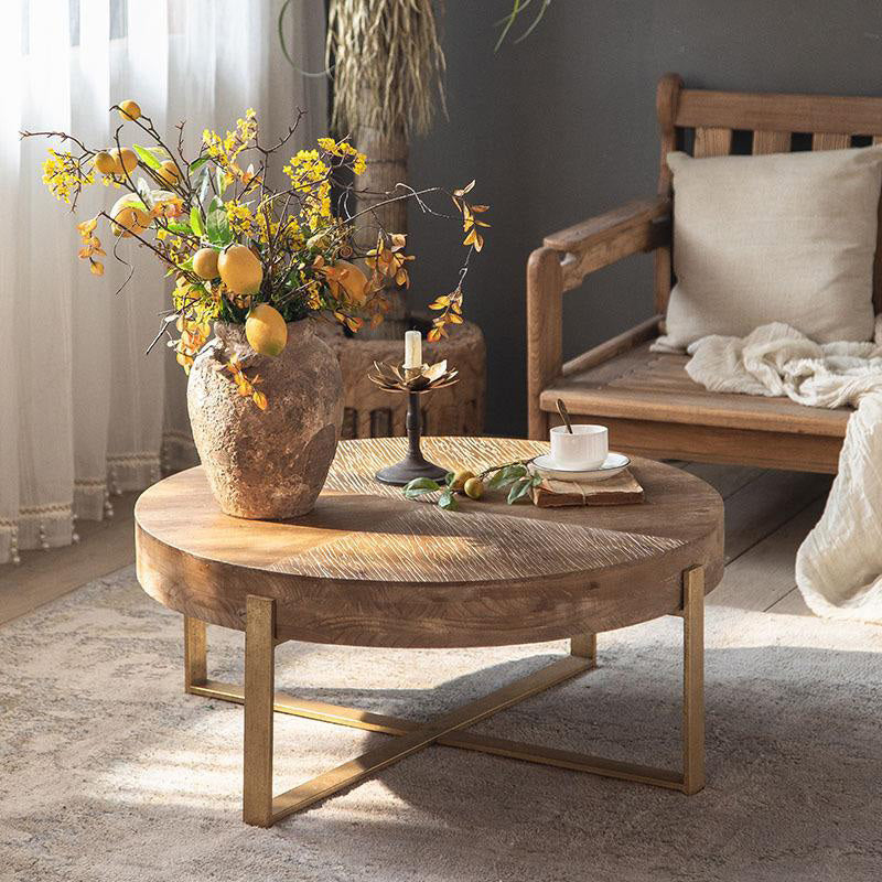 Table basse ronde carrée rétro traditionnelle en cèdre, bois et fer pour salon 