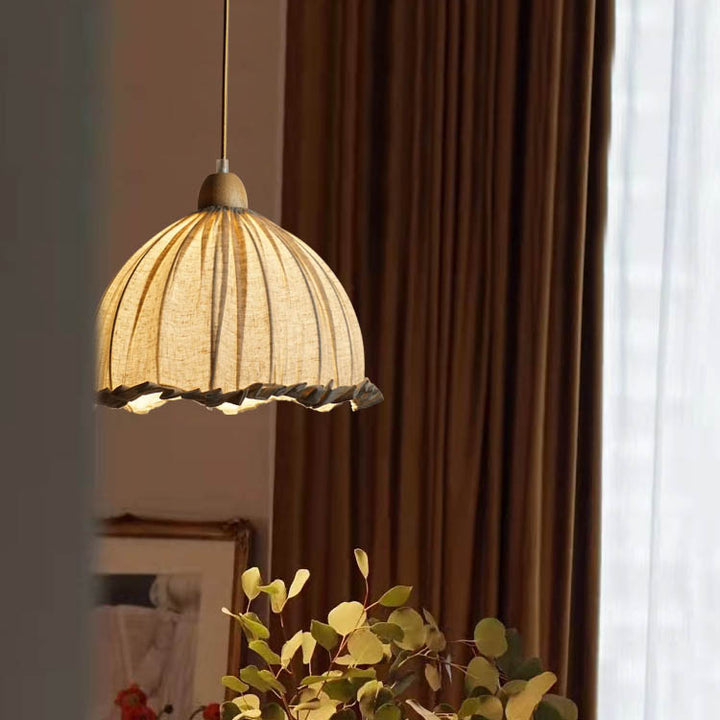 Traditionelle rustikale halbrunde Pendelleuchte aus Gummibaumholz mit Leinen für das Wohnzimmer 