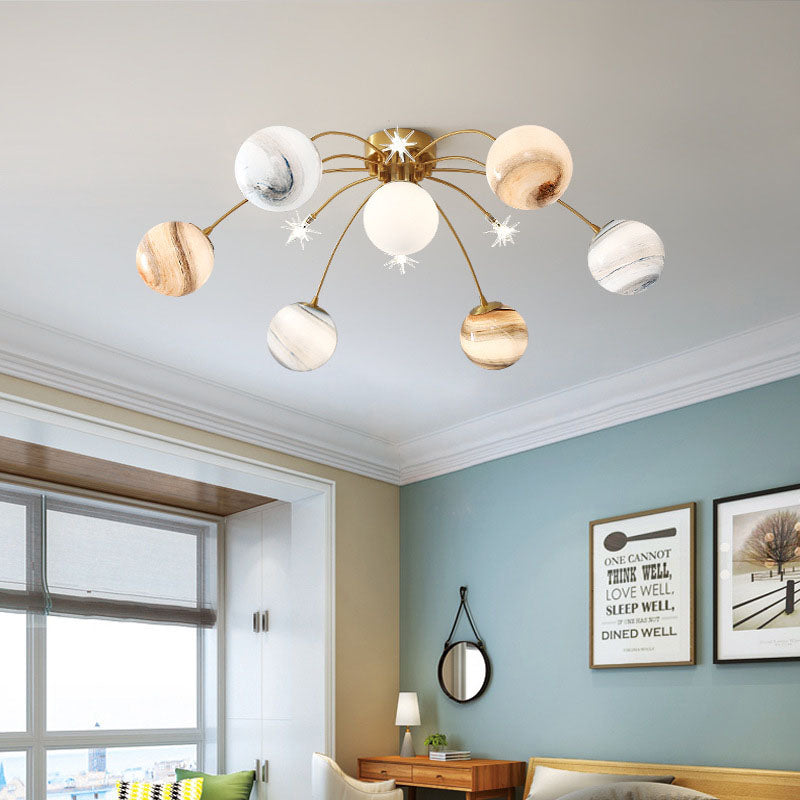 Zeitgenössische Creative Planet Kids Eisen Glas 13-Licht Semi-Flush Mount Deckenleuchte für Schlafzimmer 
