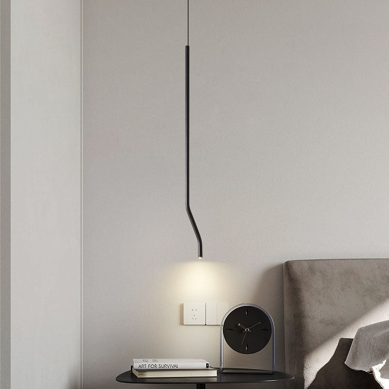 Lámpara colgante LED de tubo fino curvado minimalista moderno de cobre para dormitorio 