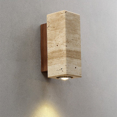 Japanischer Wabi-Sabi Runder Quadrat Gelber Travertin Gummi Holz 1-Licht Spotlight Wandleuchte 