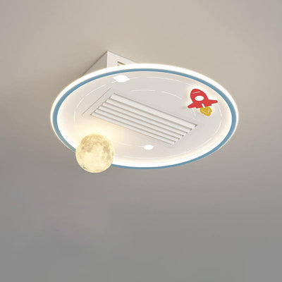 Contemporary Creative Acrylic Astronaut Moon LED Kids Flush Mount Ceiling Invisible Bladeless Fan Light For Bedroom
