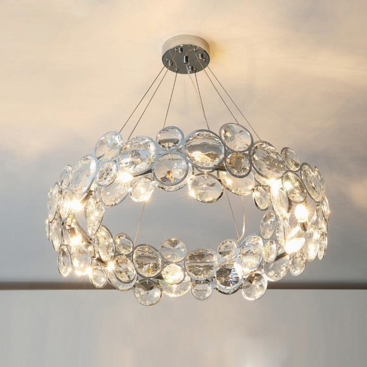 Lustre moderne de luxe à disques en cristal à niveaux, abat-jour rond en acier inoxydable, 8/12 lumières pour salon 