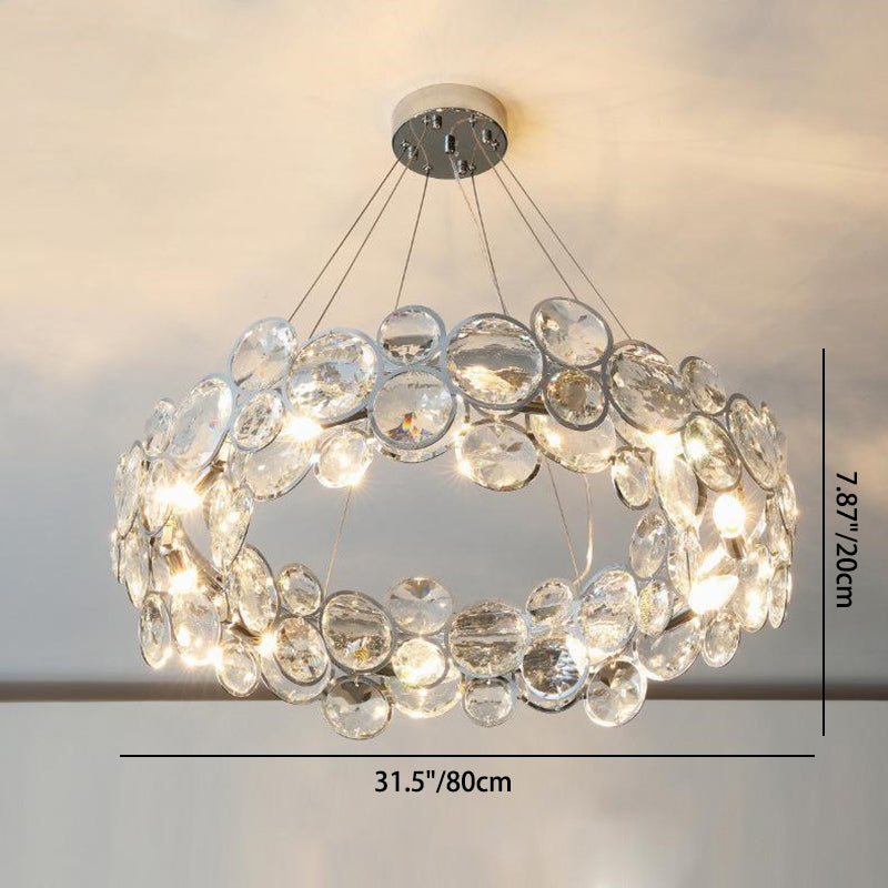 Lustre moderne de luxe à disques en cristal à niveaux, abat-jour rond en acier inoxydable, 8/12 lumières pour salon 
