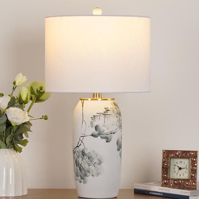 Modern Chinese Ink Painting Ceramic Fabric 1-Light Table Lamp