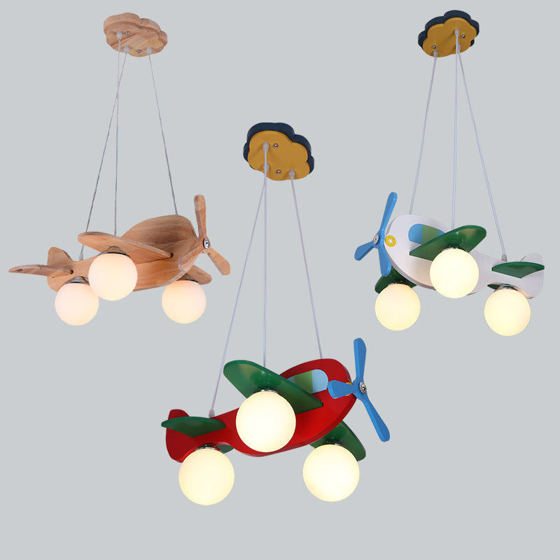 Contemporary Creative Wooden Board Propeller Plane 3-Light Kids Chandelier For Living Room