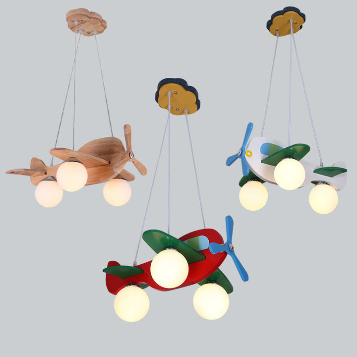 Contemporary Creative Wooden Board Propeller Plane 3-Light Kids Chandelier For Living Room