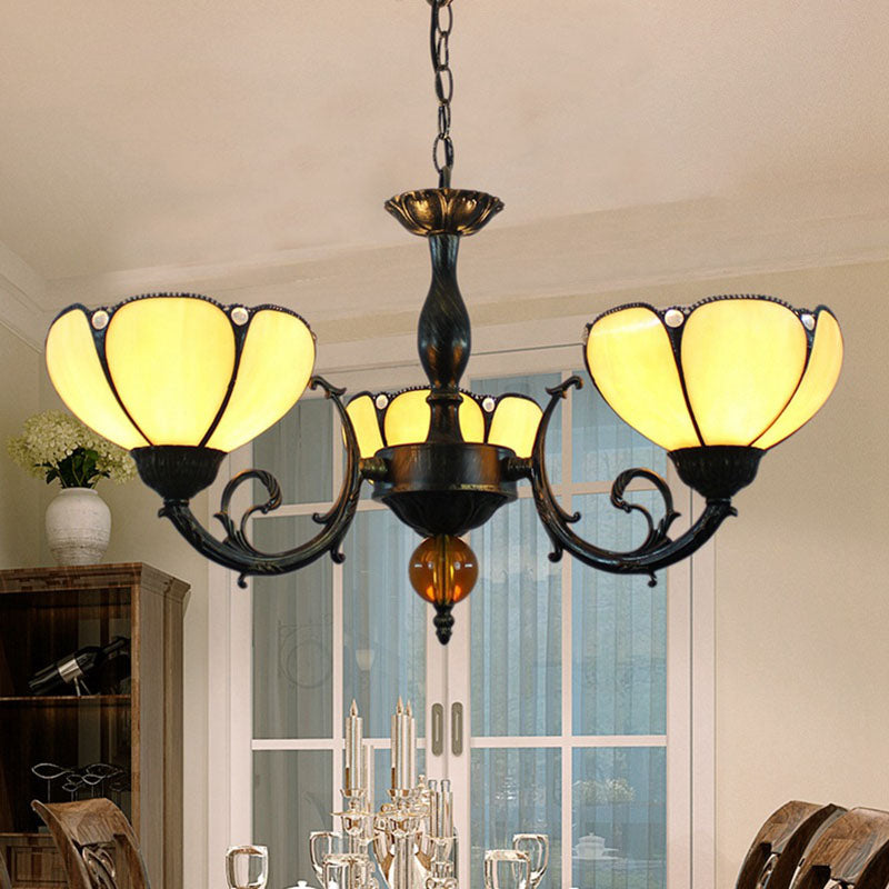 Chandelier à 3 lumières en verre teinté en alliage de fer fleur Tiffany traditionnel pour salon 