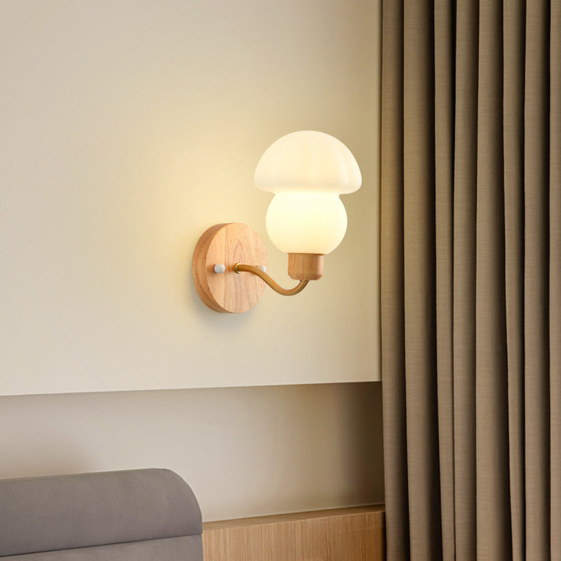 Contemporary Nordic Iron Wood PVC Mushroom 1-Light Wall Sconce Lamp For Bedside